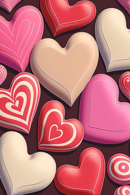 This image showcases a vibrant array of heart shapes in different colors and designs, ideal for use as a festive Valentine's Day background. Excellent for party invitations, greeting cards, digital artwork, or websites in need of a cute and loving theme.