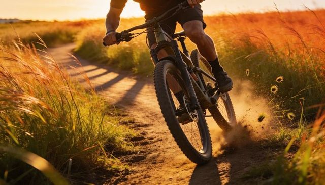 Mountain biker leaning into turn on dusty meadow trail kicking up dust at golden hour
