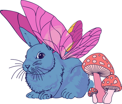 Whimsical blue butterfly-winged rabbit with mushrooms on transparent