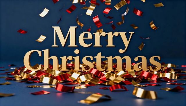 Golden Merry Christmas letters shining with red and gold ribbon confetti on blue backdrop