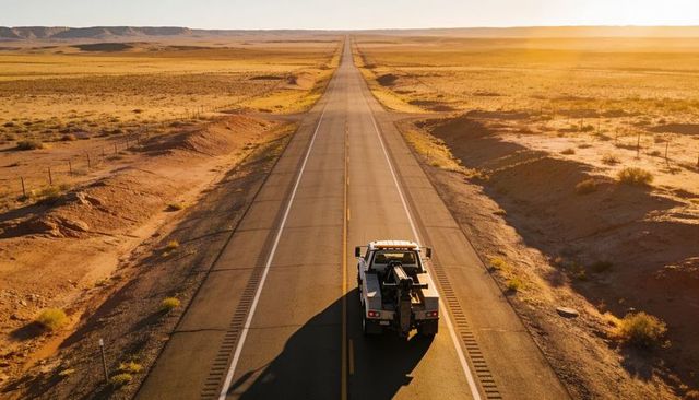 Driving tow truck down endless desert highway at golden hour with long shadows