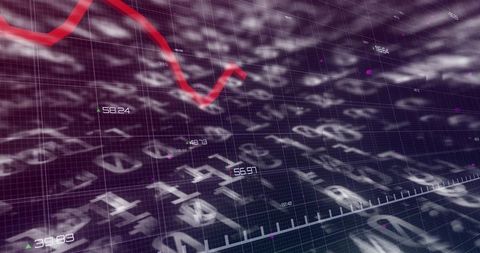 Red downtrend line over 3d currency symbols grid showing market data visualization
