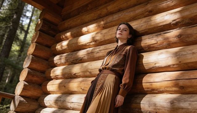 Woman leaning on log cabin wearing pleated skirt and patterned blouse in dappled sunlight