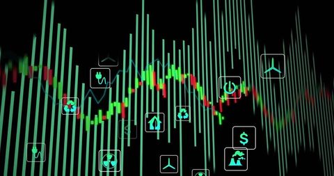 Futuristic Energy Market Dashboard Showing Neon Candlestick Chart with Teal Bars and Icons