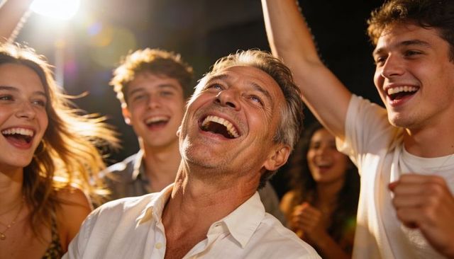 Middle-aged man laughing with young friends celebrating under spotlight at party