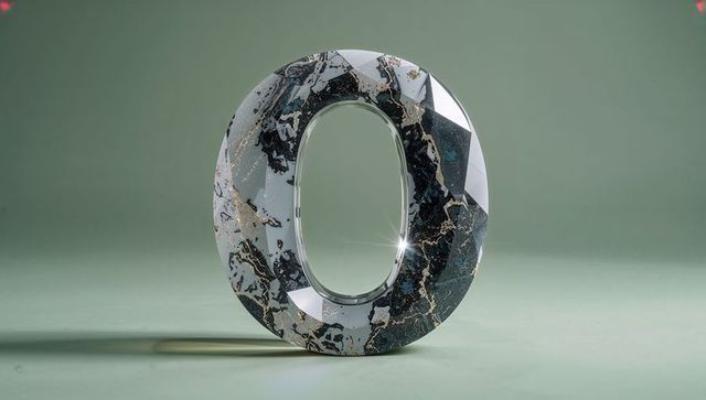 Faceted zero sculpture with marbled black white gold design