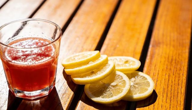 Sunlit citrus refreshment with lemon slices and red juice on varnished wood tabletop