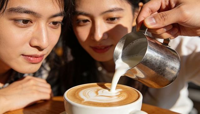 Two women watching barista pouring latte art over cup on wooden table in cozy cafe