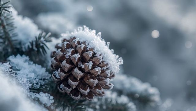 Frosted pine cone resting on spruce branch with snow crystals macro winter texture bokeh