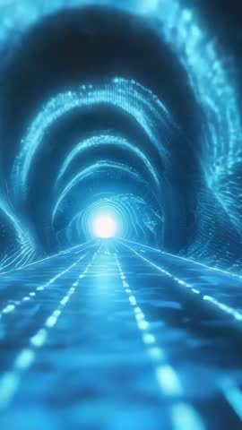 Neon Blue Cyber Tunnel Moving Toward Bright Exit Light Futuristic Digital Travel Vortex