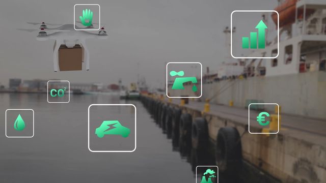 Visualization of modern maritime shipping industry using drones with eco-analysis icons. Useful for illustrating concepts in sustainable shipping innovations, drone delivery advancements, eco-friendly logistics, or maritime technology reports.