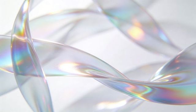Iridescent twisting ribbons glowing with pearly pastel highlights, minimal abstract art