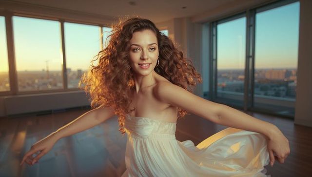 Elegant Woman Twirling in Sunlit High-Rise Apartment