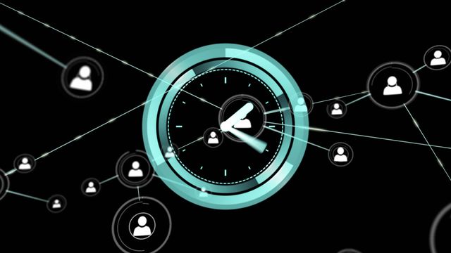 This stock footage features a dynamic animation of interconnected networks centered around a ticking clock. It symbolizes concepts such as time management, global connectivity, and efficient data exchange. Ideal for use in presentations on technology, business processes, or digital communication strategies.