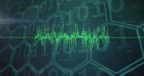 Futuristic soundwave display over hexagonal binary background