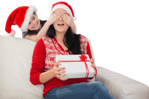 Joyful Daughter Surprising Mother with Christmas Gift on Transparent Background