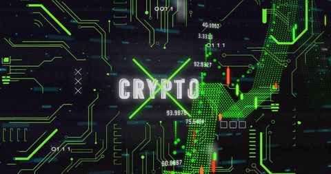 Neon green crypto hud interface with circuit traces and candlestick trading indicators