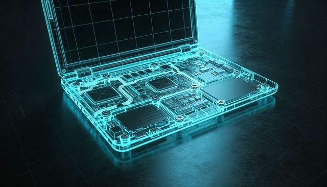 Glowing cyan wireframe laptop showing circuitry and cpu blueprint, futuristic tech