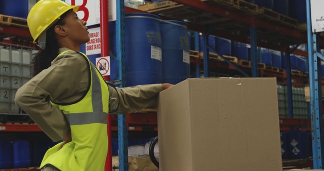 Worker in a warehouse experiencing back pain while lifting a heavy box, highlighting occupational hazard. Can be used to illustrate topics related to workplace safety, health and safety in industrial settings, manual labor challenges, proper lifting techniques, and work injury prevention.