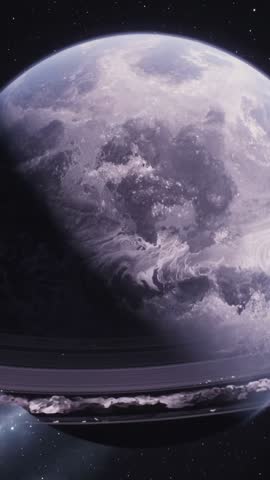 Rotating Ringed Gas Giant Showing Sweeping Terminator and Shifting Rings — Vertical Space Video