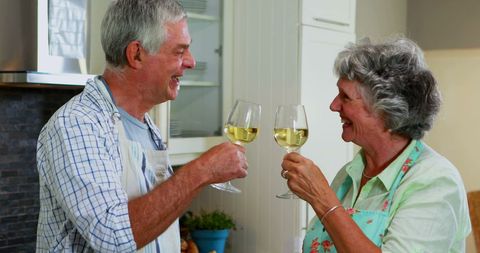 Senior Couple Toasting Wine in Cozy Kitchen Enjoying Togetherness