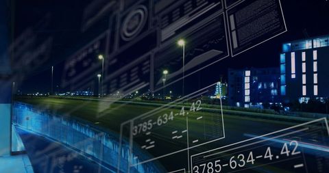 Futuristic Digital Interface Overlaying Night Cityscape