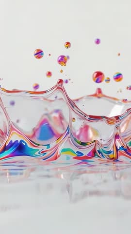 Dropping Rainbow Droplets Striking Liquid Surface Creating Vibrant Ripples Vertical Macro Video