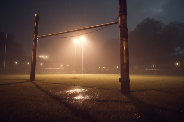 Dimly lit empty rugby field under a rainy night. Floodlights cast a soft, moody glow over the wet grass. Suitable for illustrating concepts of calmness, isolation, sports facilities, or the atmosphere after a sporting event. Ideal for use in sports-related articles, recreational facility advertisements, or creative projects requiring an evocative, peaceful night scene.