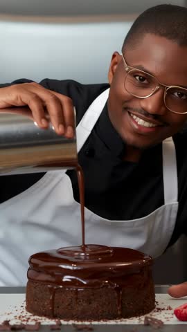 Pastry chef pouring glossy chocolate ganache over cake in vertical culinary video