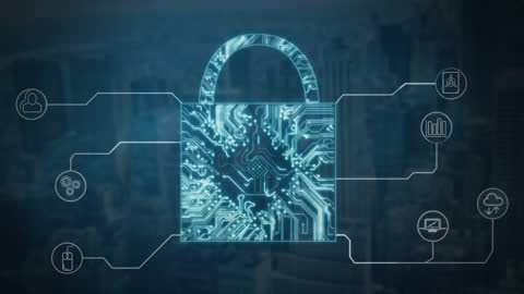 Cybersecurity Concept with Digital Lockpad over Cityscape