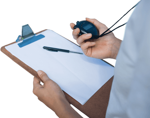 Close-up trainer holding clipboard stopwatch transparent background