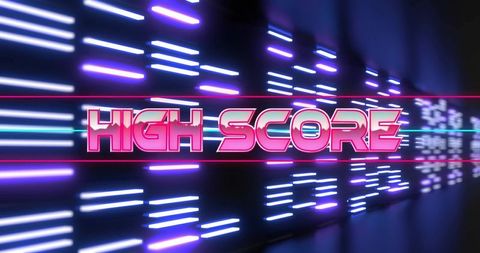 Sliding retro high score title over neon light trails with 80s arcade glow