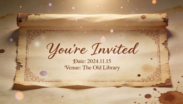 Vintage aged parchment invitation scroll featuring ornate border and calligraphy