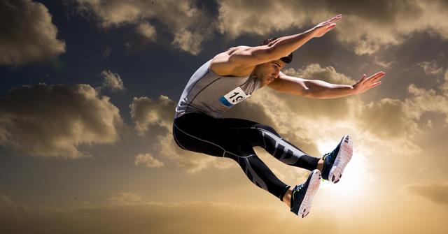 Digital composition of athlete jumping in air against cloudy sky