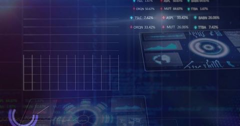 Holographic financial dashboard with translucent grid, hud panels, radial chart and live tickers