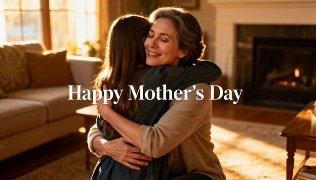 Mother and daughter hugging in sunlit living room celebrating mother's day warmth