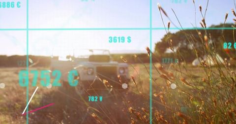 Off-road suv sitting on dirt track at golden hour with cyan hud overlay