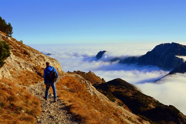 Man trekking along a mountain path during sunrise. Known for recreational activities such as backpacking and adventurous exploration, this image showcases a significant elevation with a sea of clouds below. The scene offers a motivating aura ideal for promoting outdoor gear, adventure travel brochures, and environmental campaigns.