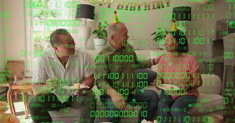 Multigenerational family celebrating birthday at home with binary code overlay