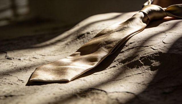 Gold satin necktie catching warm sunlight on cracked clay with dramatic slatted shadows