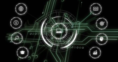 Futuristic laptop hud visualizing analytics and kpi dashboard with neon circuit interface