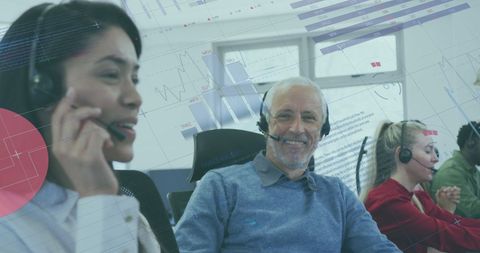 Financial Analysis with Diverse Office Team in Headsets