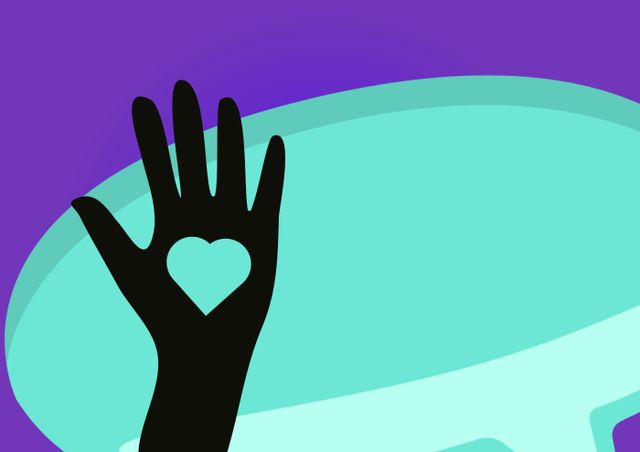 Composition of hand with heart icon over speech bubble. Abstract background and pattern concept digitally generated image.