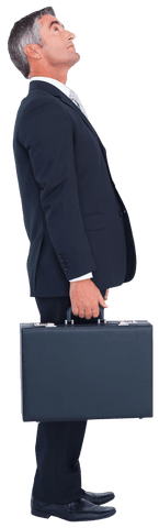 Caucasian Businessman Looking Upward with Briefcase on Transparent Background