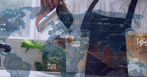 Barista Pouring Iced Coffee with Global Data Overlay Concept for Coffee Trade and Supply