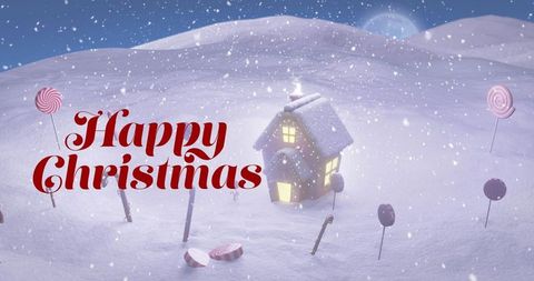 Enchanting Snowy Cottage with Candy Decorations Amid Winter Wonderland