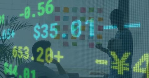 Business colleagues brainstorming and analyzing market data with neon ticker overlay