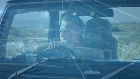 Caucasian Man in Car with Holographic Connections Overlay