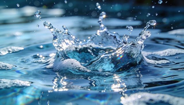 Blue water splash crown with sparkling droplets and rainbow reflections