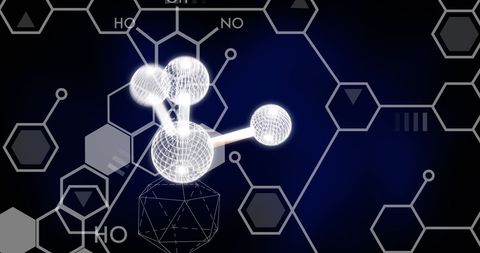 Futuristic molecular model with chemical diagram background